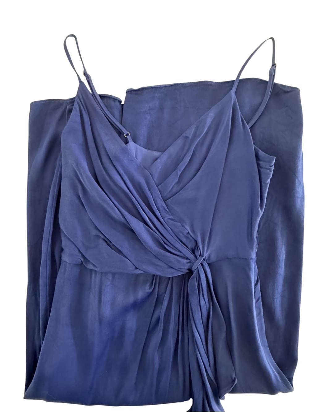By Anthropologie Blue Satin Draped Wrap Midi Cocktail Dress 0P Petite Wedding - Picture 7 of 12